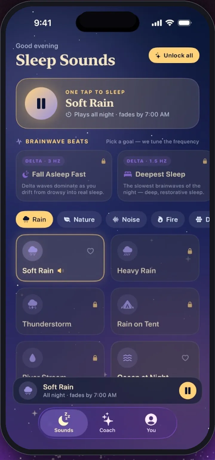 Sleep Better home screen with Soft Rain playing all night, fading by 7:00 AM